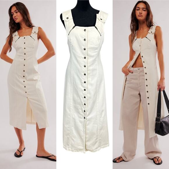 Free People Midi Dress Desert Desire Denim Minimalist Neutral Lagan Look Boho M - Picture 1 of 14